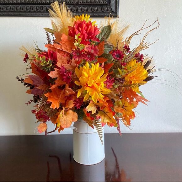 Fall Faux Floral Bouquet in White Jar With Sunflowers/Peonies - Picture 4 of 13